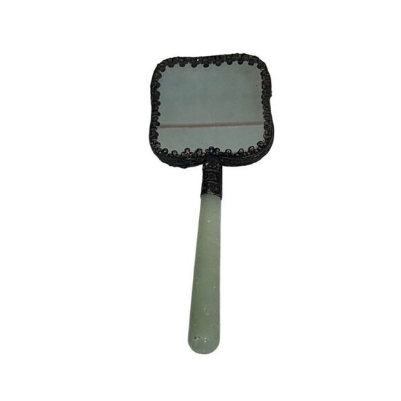 Vtg Chinese Hand Mirror Rounded Corner Squircle W/ Jade Handle & Porcelain Back - Picture 2 of 15